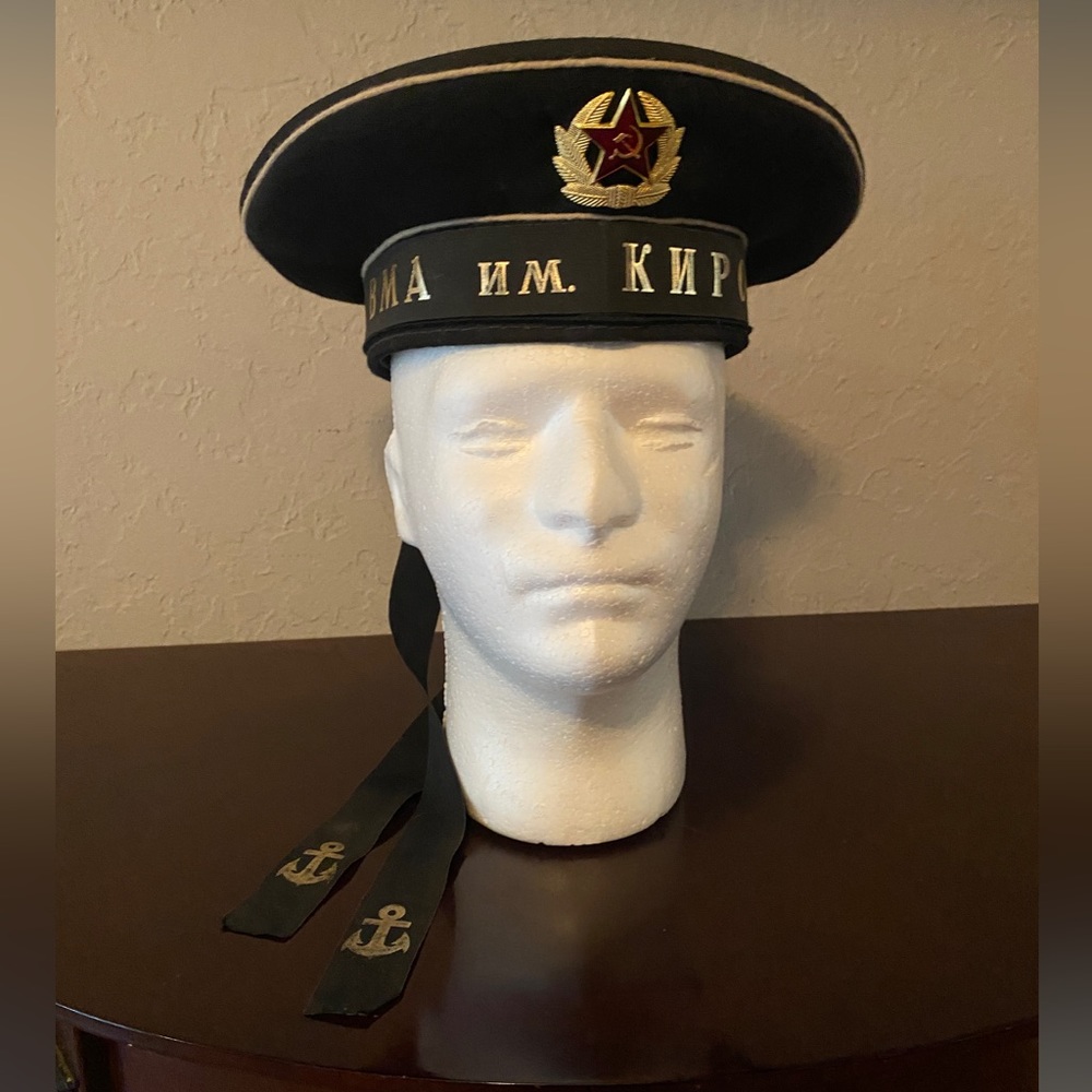 Vintage Russian Soviet USSR Navy Military Hat Anchor Ribbons Cyrillic Letters.